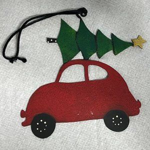 Metal Red Car w/Christmas Tree on Top Ornament Laser-Cut Hand Painted 4.5"x4"